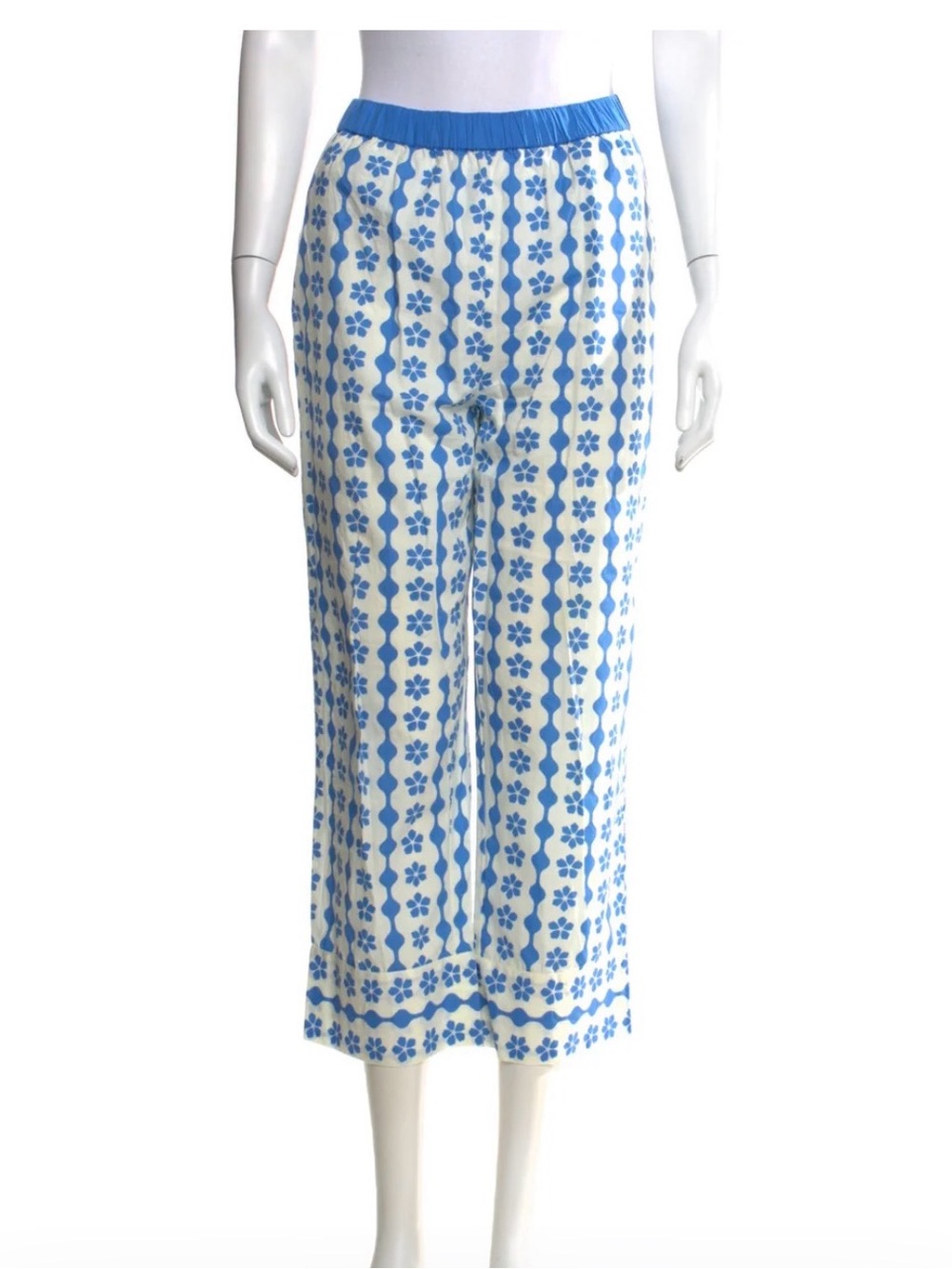 Blue Floral-Stripe Cropped Pants with Elastic Waist